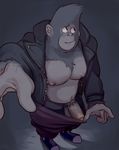  anthro ape balls clothed clothing erection glitter_trap_boy gorilla hi_res high-angle_view jacket johnny_(sing) looking_away male mammal musclegut nipples open_shirt pants_pull pecs penis primate pubes reaching_towards_viewer signature sing_(movie) solo standing uncut 