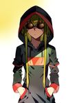  bangs c.c. code_geass collarbone eyebrows_visible_through_hair green_hair hands_in_pockets hood hood_up hoodie long_hair looking_at_viewer meimi_k shaded_face simple_background solo sunglasses upper_body white_background yellow_background yellow_eyes 