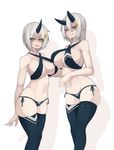  :d :q asymmetrical_docking bikini blue_bikini breast_press breasts broken_horn criss-cross_halter fang grey_hair hair_between_eyes hair_ornament halterneck highres horn horns large_breasts medium_hair multiple_girls navel navy_blue_legwear open_mouth original pointy_ears short_hair side-tie_bikini simple_background smile sub-res swimsuit thighhighs tongue tongue_out white_background yellow_eyes 