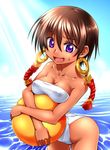  bad_id bad_tinami_id ball beachball blue_eyes breasts brown_hair cleavage cowboy_shot culdcept day earrings funnyari hair_between_eyes hips holding jewelry leaning_forward looking_at_viewer medium_breasts najaran ocean one-piece_swimsuit open_mouth outdoors short_hair smile solo standing strapless strapless_swimsuit sweatdrop swimsuit wading wavy_mouth white_swimsuit 