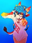  2014 5_fingers anthro blue_background blue_hair clothed clothing collar giraffe hair hybrid kero_tzuki male mammal simple_background smile solo 