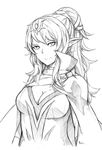  breasts chiki coat fatuus fire_emblem fire_emblem:_kakusei fire_emblem:_monshou_no_nazo fire_emblem_heroes greyscale hair_ornament highres jewelry large_breasts long_hair mamkute monochrome pointy_ears smile solo white_background 