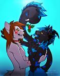  2014 anthro black_nose blue_background blue_hair brown_hair collar feline female gry_nose hair kero_tzuki mammal monster_tail saber-toothed_cat simple_background smile yellow_eyes 