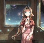  aerith_gainsborough bangs bracelet braid brown_hair cropped_jacket dress final_fantasy final_fantasy_vii fireworks green_eyes jewelry long_hair looking_at_viewer mare_(pixiv) parted_bangs pink_dress sitting solo very_long_hair 