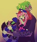  2014 anthro black_lips blue_nose breasts clothed clothing feline female green_hair green_nose hair kero_tzuki leopard male mammal open_mouth pink_hair red_hair simple_background smile teeth tiger tongue whiskers yellow_eyes 