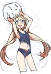  &gt;_&lt; :d absurdres arms_up bad_id bad_twitter_id blonde_hair blue_eyes commentary cowboy_shot cropped_legs herme_(ohisashiburi) highres long_hair looking_at_viewer low_twintails meme_attire navel navel_cutout ohisashiburi one-piece_swimsuit open_mouth original petite sharkini sketch smile solo swimsuit twintails very_long_hair 