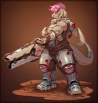  anthro armor clothed clothing female fish gun hair looking_at_viewer marine muscular neodokuro overwatch ranged_weapon rifle shark sharp_teeth smile solo standing technology teeth video_games vishka weapon 