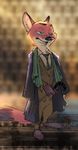  2017 anthro barefoot cane canine clothed clothing coat crossover dialogue disney fox green_eyes half-closed_eyes holding_object male mammal monoflax mycroft_holmes necktie scarf sherlock_(series) smile solo standing zootopia 