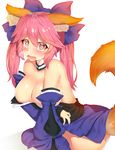  @_@ animal_ears areola_slip areolae bare_shoulders blush bow breast_hold breasts cleavage collarbone detached_collar detached_sleeves fate/extra fate_(series) fox_ears fox_tail hair_bow heavy_breathing japanese_clothes large_breasts long_hair looking_at_viewer off_shoulder open_mouth pink_hair simple_background solo sweat tail tamamo_(fate)_(all) tamamo_no_mae_(fate) wavy_mouth white_background yellow_eyes yuruto 