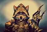  2014 anthro armor black_nose canine fur grey_fur kero_tzuki male mammal red_eyes simple_background smile solo wolf 