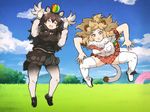  &gt;_&lt; animal_ears antlers ball character_request duckface kemono_friends lion_(kemono_friends) lion_ears long_hair meme moose_(kemono_friends) moose_ears multiple_girls open_mouth pantyhose skirt tail tanaka_kusao thighhighs 