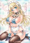  apron artist_name at_classics atago_(kantai_collection) bangs bare_shoulders black_gloves blonde_hair blue_bra blue_eyes blue_panties blush bra breasts brown_legwear closed_mouth covered_nipples eyebrows_visible_through_hair fur_collar gloves high_heels kantai_collection large_breasts long_hair looking_at_viewer maid_headdress panties sample seiza side-tie_panties sitting smile solo thighhighs traditional_media underwear waist_apron watermark white_apron 