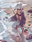  beach bikini cloak day female_my_unit_(fire_emblem:_kakusei) fire_emblem fire_emblem:_kakusei fire_emblem_heroes highres holding holding_weapon klegsart my_unit_(fire_emblem:_kakusei) ocean octopus polearm reflection solo swimsuit trident twintails weapon white_hair 