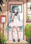  absurdres bag brick_wall door dress full_body green_eyes green_hair handbag hatsune_miku highres kneehighs long_hair pigeon-toed plant potted_plant sailor_dress solo twintails very_long_hair vocaloid white_dress white_legwear window yiyu_qing_mang 