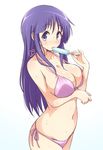  bangs bikini blush breast_hold breasts cleavage collarbone commentary_request cowboy_shot eyebrows_visible_through_hair food hinata_yukari holding holding_food large_breasts licking long_hair looking_at_viewer mel_(melty_pot) navel open_mouth pink_bikini popsicle purple_eyes purple_hair side-tie_bikini sidelocks simple_background solo standing stomach sweat swimsuit white_background yuyushiki 