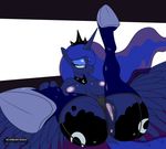  anthro anthrofied anus blue_eyes blue_feathers breasts butt clothed clothing crown cutie_mark da_goddamn_batguy equine eyeshadow feathered_wings feathers female friendship_is_magic hair half-closed_eyes horn legs_up legwear long_hair lying makeup mammal my_little_pony navel nipples panties princess_luna_(mlp) pussy spread_legs spreading standing stockings underwear winged_unicorn wings 
