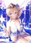  1girl bare_shoulders blonde_hair blue_eyes breasts cleavage closed_mouth collarbone dress europa_(granblue_fantasy) eyebrows_visible_through_hair flower granblue_fantasy hair_between_eyes hair_flower hair_ornament large_breasts looking_at_viewer matsuki_tou short_hair sitting smile solo tiara white_dress 