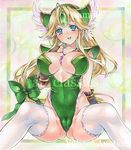  artist_name ass_visible_through_thighs at_classics bangs between_breasts blonde_hair blue_eyes blush bow breasts breasts_apart bridal_gauntlets cameltoe covered_nipples eyebrows_visible_through_hair forehead_jewel green_bow green_leotard hair_bow head_wings jewelry large_breasts leotard long_hair looking_at_viewer necklace open_mouth pendant riesz sample seiken_densetsu seiken_densetsu_3 sitting smile solo thighhighs traditional_media watermark white_legwear 