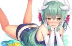  aqua_hair arm_support ass benitsuki_tsubasa bikini blush breasts commentary_request elbow_gloves eyebrows_visible_through_hair fate/grand_order fate_(series) gloves horns kiyohime_(fate/grand_order) kiyohime_(swimsuit_lancer)_(fate) large_breasts legs_up long_hair looking_at_viewer lying on_stomach open_mouth smile solo swimsuit water yellow_eyes 
