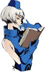  absurdres bare_shoulders book card cropped_torso elizabeth_(persona) gloves hat highres mouth_hold nanaya_(daaijianglin) persona persona_3 short_hair silver_hair simple_background solo white_background yellow_eyes 