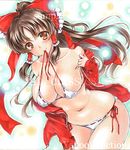  artist_name at_classics bangs bare_shoulders blush bow breasts brown_eyes brown_hair closed_mouth collarbone covered_nipples cowboy_shot eyebrows_visible_through_hair hair_bow hair_tubes hakurei_reimu hood hoodie large_breasts leaning_forward long_hair long_sleeves looking_at_viewer mouth_hold navel panties red_bow ribbon-trimmed_underwear ribbon_trim sample side-tie_panties sidelocks smile solo stomach touhou traditional_media underwear watermark zipper 