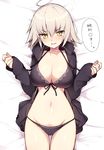  ahoge bags_under_eyes bikini black_bikini breasts cleavage cowboy_shot eyebrows_visible_through_hair fate/grand_order fate_(series) front-tie_bikini front-tie_top halterneck haruyuki_(yukichasoba) highres jacket jeanne_d'arc_(alter)_(fate) jeanne_d'arc_(fate)_(all) large_breasts light_brown_hair looking_at_viewer lying navel on_back open_clothes open_jacket open_shirt shirt short_hair sleeves_past_wrists smile solo swimsuit yellow_eyes 