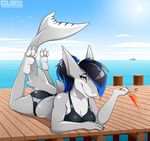  2016 3_toes 5_fingers amber_eyes anthro bikini blue_sky breasts claws cleavage clothed clothing colarix day digital_media_(artwork) dorsal_fin female fin fish food hair half-closed_eyes hi_res looking_at_viewer lying marine multicolored_hair on_front outside popsicle shark sharp_teeth sky slit_pupils smile solo sun swimsuit tail_fin teeth toe_claws toes two_tone_hair water 