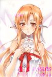  artist_name asuna_(sao) at_classics bangs bare_shoulders blush braid breasts brown_eyes brown_hair cleavage closed_mouth ear_covers elf expressionless eyebrows_visible_through_hair french_braid hair_between_eyes large_breasts long_hair looking_at_viewer pointy_ears sample short_sleeves sidelocks solo sword_art_online titania_(sao) traditional_media upper_body watermark 