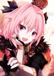  astolfo_(fate) braid crown dyolf fang fate/apocrypha fate/grand_order fate_(series) hair_ribbon hand_on_own_cheek long_hair looking_at_viewer lying male_focus on_stomach open_mouth ribbon single_braid smile 