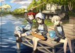  ^_^ aki_(girls_und_panzer) ankle_boots bangs black_skirt boots brown_eyes brown_hair bt-42 bucket closed_eyes commentary_request crossed_ankles day emblem fish fishing fishing_rod foot_dangle girls_und_panzer green_eyes grey_skirt grin ground_vehicle hair_between_eyes hands_on_lap hat highres instrument jacket kantele kawakami_rokkaku keizoku_(emblem) keizoku_military_uniform lake light_brown_hair long_hair long_sleeves looking_back looking_down mika_(girls_und_panzer) mikko_(girls_und_panzer) military military_uniform military_vehicle miniskirt motor_vehicle multiple_girls music no_socks open_mouth outdoors pants pants_rolled_up pants_under_skirt pier playing_instrument pleated_skirt raglan_sleeves red_hair river short_hair short_twintails sitting skirt smile tank track_jacket track_pants twintails uniform 