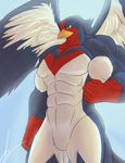  2017 abs anthro avian beak biceps bird feathered_wings feathers male muscular muscular_male nintendo pecs pok&eacute;mon simple_background solo sonicgamer swellow video_games wings 