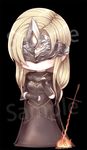  beancurd black_background blindfold blonde_hair bonfire cape chibi cloak closed_mouth commentary_request covered_eyes dark_souls_iii dress expressionless fire fire_keeper hood hooded_cloak jewelry long_hair pendant solo souls_(from_software) standing sword weapon 