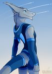  2016 anthro arm_warmers armwear blue_eyes blue_sky clothed clothing colarix day digital_media_(artwork) fur furgonomics gradient_background grey_fur hi_res hoodie male outside sergal shorts simple_background sky slit_pupils solo standing 