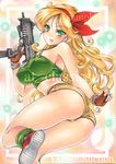  artist_name ass at_classics bangs bare_legs blush bow breasts brown_gloves brown_shorts covered_nipples dragon_ball dragon_ball_(classic) eyebrows_visible_through_hair fingerless_gloves gloves green_eyes gun h&amp;k_mp7 hair_bow heckler_&amp;_koch holding holding_gun holding_weapon large_breasts long_hair looking_at_viewer lunch_(dragon_ball) midriff open_mouth red_bow sample shoes shorts smile solo submachine_gun traditional_media twisted_torso watermark wavy_hair weapon 