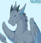  2015 absurd_res anthro blue_background blue_eyes colarix digital_media_(artwork) dragon feathered_wings feathers fur furred_dragon grey_feathers grey_fur hi_res horn looking_at_viewer male simple_background smile solo teeth wings 
