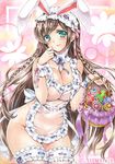  animal_ears apron aqua_eyes artist_name at_classics bangs basket blush bow braid breasts brown_hair bunny_ears cleavage closed_mouth cowboy_shot detached_collar easter_egg egg eyebrows_visible_through_hair frills groin hair_bow hairband hand_up holding holding_basket large_breasts long_hair looking_at_viewer naked_apron original pink_bow ribbon-trimmed_apron ribbon-trimmed_collar ribbon-trimmed_legwear ribbon_trim sample side_braid smile solo thighhighs traditional_media twin_braids very_long_hair watermark wrist_cuffs 