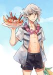  anocurry bowl cherry corn cowboy_shot fire_emblem fire_emblem_heroes fire_emblem_if food fruit holding holding_food ice_cream lei light_smile looking_at_viewer male_focus male_my_unit_(fire_emblem_if) mamkute messy_hair my_unit_(fire_emblem_if) open_clothes open_shirt plate red_eyes shirt short_sleeves shorts smile solo standing sundae wafer_stick white_hair 