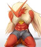  abs anthro avian blaziken blue_eyes blush bulge clothed clothing cum cum_in_clothing fklow hands_behind_back hi_res kneeling male muscular nintendo open_mouth penis_outline pok&eacute;mon saliva shorts simple_background solo topless video_games white_background yellow_sclera 