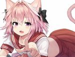  animal_ears astolfo_(fate) blush braid cat_ears cat_tail catboy commentary_request fangs fate/apocrypha fate/grand_order fate_(series) hair_ribbon highres long_hair lying male_focus on_stomach open_mouth otoko_no_ko pink_hair pointing purple_eyes red_sailor_collar red_skirt ribbon sailor_collar school_uniform serafuku single_braid skirt smile tail vsi0v 