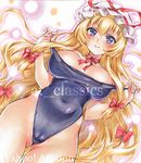  artist_name ass_visible_through_thighs at_classics bangs bare_arms blonde_hair blush bow breasts cameltoe closed_mouth covered_navel cowboy_shot eyebrows_visible_through_hair hair_between_eyes hair_bow hat hat_ribbon large_breasts long_hair looking_at_viewer low-tied_long_hair mob_cap neck_ribbon pink_bow pink_ribbon purple_eyes red_ribbon ribbon sample sidelocks smile solo touhou traditional_media very_long_hair watermark white_hat yakumo_yukari 