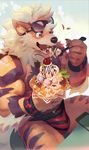  2017 anthro arcanine biceps big_muscles black_fur black_nose blue_eyes bulge canine cherry claws clothed clothing dessert eyewear fangs food fruit fur glasses hair hi_res ice_cream jockstrap male mammal muscular muscular_male neck_tuft nintendo nipples null-ghost open_mouth orange_fur outside pecs pointy_ears pok&eacute;mon sitting solo stripes sweat teeth tongue tongue_out topless tuft underwear video_games white_fur wristband 