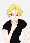  black_shirt blonde_hair blue_eyes commentary_request glasses grey_background hair_between_eyes hand_on_own_face looking_at_viewer male_focus messy_hair original pinching shirt simple_background sitting solo tmku 