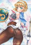  aqua_eyes artist_name ass at_classics bangs blonde_hair blush breasts brown_legwear cassandra_alexandra cleavage closed_mouth elbow_gloves eyebrows_visible_through_hair from_behind gloves hairband holding holding_shield holding_sword holding_weapon large_breasts looking_at_viewer looking_back panties panties_under_pantyhose pantyhose sample shield short_hair smile solo soulcalibur soulcalibur_ii sword traditional_media underwear watermark weapon white_gloves 