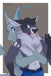  2016 anthro antlers black_nose blue_eyes border boxer_briefs brown_background bulge cervine clothed clothing colarix colarix_(fursona) deer dialogue digital_media_(artwork) duo english_text front_view fur gloves_(marking) hi_res horn hug hugging_from_behind male male/male mammal markings navel neck_tuft nude open_mouth signature simple_background surprise sven_(notsafeforhoofs) text topless tuft underwear white_border 