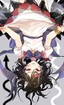  black_hair blue_bow blue_neckwear bow bowtie cuffs directional_arrow highres hisona_(suaritesumi) horns kijin_seija lifted_by_self looking_at_viewer multicolored_hair puffy_short_sleeves puffy_sleeves red_eyes red_hair shirt short_sleeves skirt skirt_lift smile solo streaked_hair tongue tongue_out touhou upside-down white_hair white_shirt white_skirt 