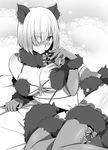  absurdres animal_ears arm_support blush breasts cleavage closed_mouth dangerous_beast elbow_gloves eyes_visible_through_hair fake_tail fate/grand_order fate_(series) flexible fur-trimmed_gloves fur_collar fur_trim gloves greyscale hair_over_one_eye highres lace lace-trimmed_legwear lace-trimmed_thighhighs large_breasts looking_at_viewer mash_kyrielight monochrome navel nina_(pastime) nose_blush novel_illustration o-ring o-ring_top revealing_clothes shiny shiny_skin short_hair sitting solo tail thighhighs thighs wolf_ears wolf_tail yamoge yokozuwari 