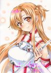  armor artist_name asuna_(sao) at_classics braid brown_eyes brown_hair french_braid holding holding_sword holding_weapon long_hair looking_at_viewer sample sidelocks smile solo sword sword_art_online traditional_media upper_body watermark weapon 