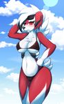  anthro anthrofied aoinu big_breasts bikini black_bottomwear black_clothing black_nose black_topwear blush breasts camel_toe clothing female fur hand_on_head looking_at_viewer looking_away lycanroc midnight_lycanroc nintendo outside pok&eacute;mon red_eyes red_fur red_sclera sky solo sweat swimsuit transparent_bottomwear transparent_topwear video_games white_fur 