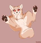  2015 4_toes ambiguous_gender canine chest_tuft claws colarix cute digital_media_(artwork) featureless_crotch feral fur hi_res looking_at_viewer mammal pawpads pink_background red_eyes simple_background smile solo tan_fur toe_claws toes tuft 