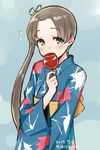  ayanami_(kantai_collection) brown_hair candy_apple commentary_request dated food green_eyes hair_ribbon japanese_clothes kantai_collection kimono kirigaya_yuuji long_hair obi ribbon sash side_ponytail solo twitter_username yukata 